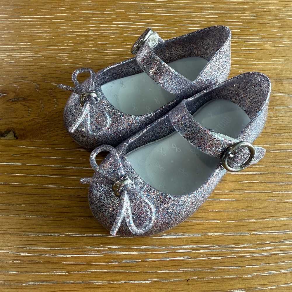 Mini Melissa Silver Glitter Dress Shoes with Bow